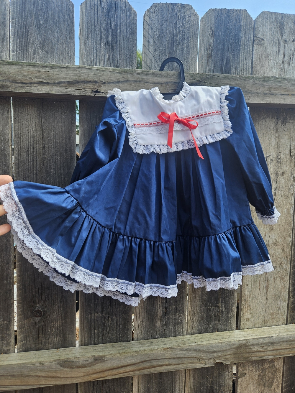 VTG Bryan Girls Dress 3T Navy White Lace Collar Ruffles Ribbon Bow Puff Sleeve